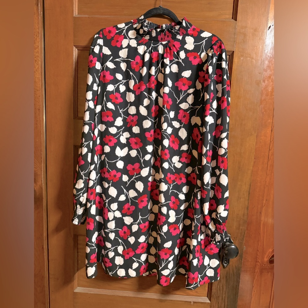 Kate Spade Dress Vintage Fleur Crepe Floral Mock Neck Mini Shift Boho Large